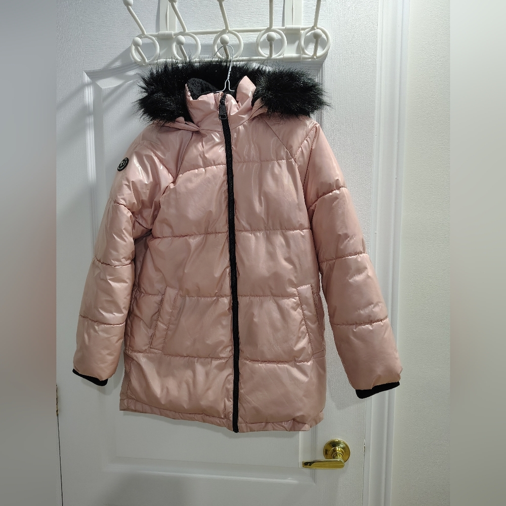 Girls' Pink Puffer Jacket with Black Fur Trim